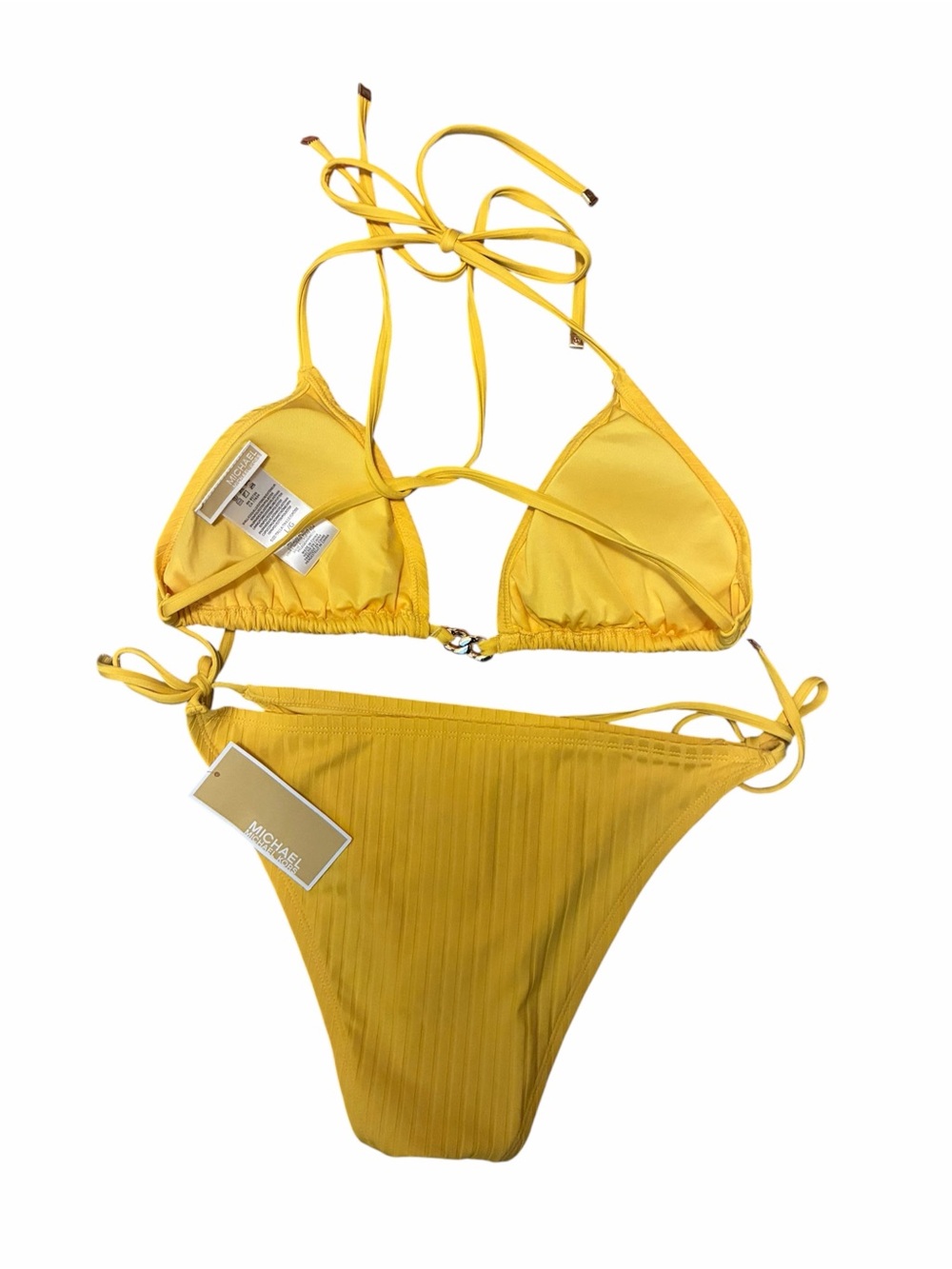 Michael Kors Yellow Ribbed Triangle Bikini Set Gold Hardware NWT Size Large - Picture 4 of 6